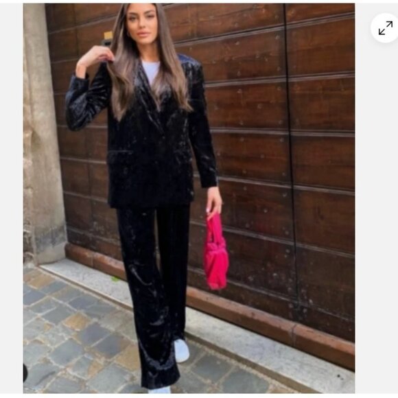 Zara Women NEW Velvet Blazer Jacket Two Button TOBACCO BLACK  Blazer 9342/928 M - Picture 1 of 3